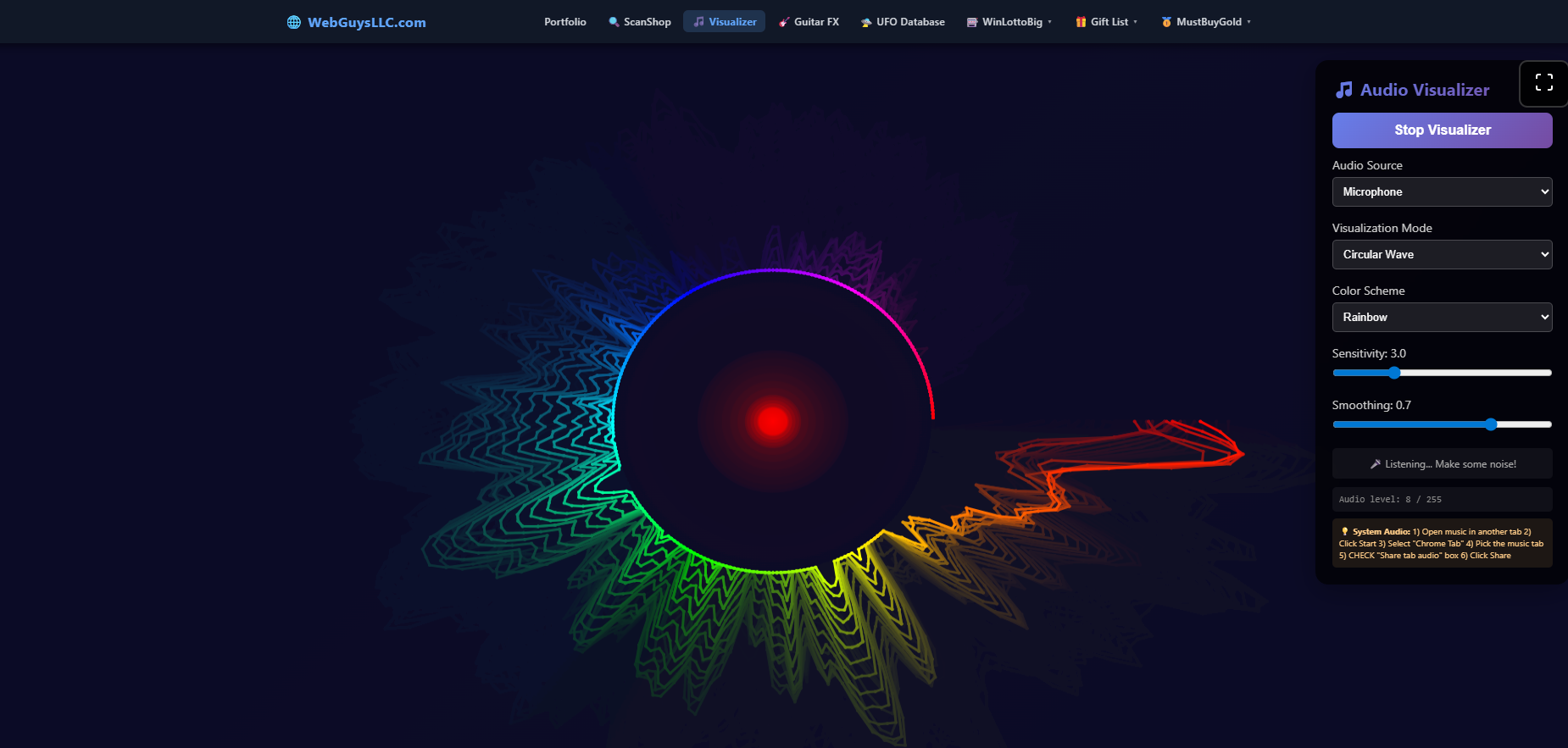 WebGuysLLC Audio Visualizer showing a circular rainbow waveform visualization in the browser